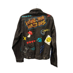 Brooklyn Cloth Graphic Design Black Denim Jacket Size Medium Casual Jean Trippy